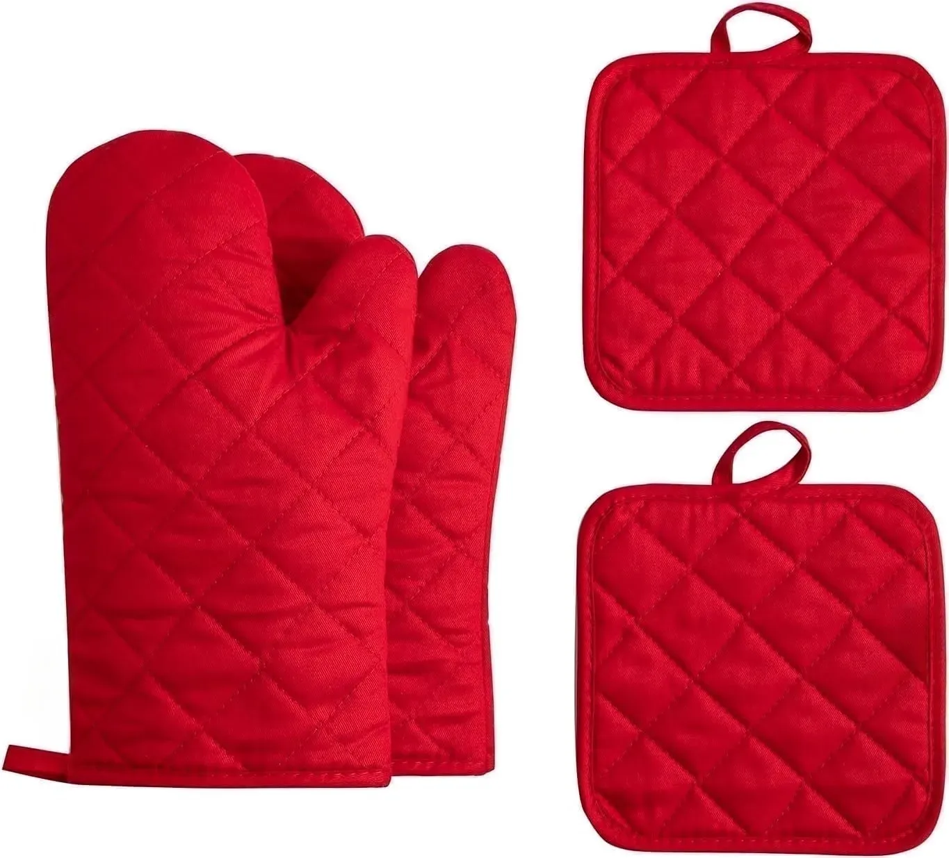 Heavy Duty 500°F Oven Mitts & Pot Holder Set, 12-Inch Cotton, 4-Piece, Red (6-Pack)